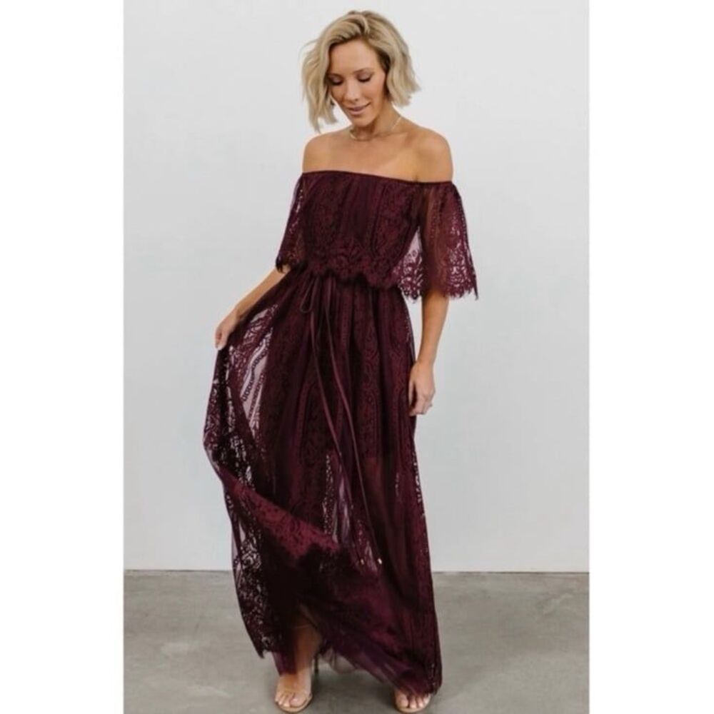 Baltic Born Caroline Lace Maxi Off Shoulder Maxi Dress in Mulberry Maroon XL